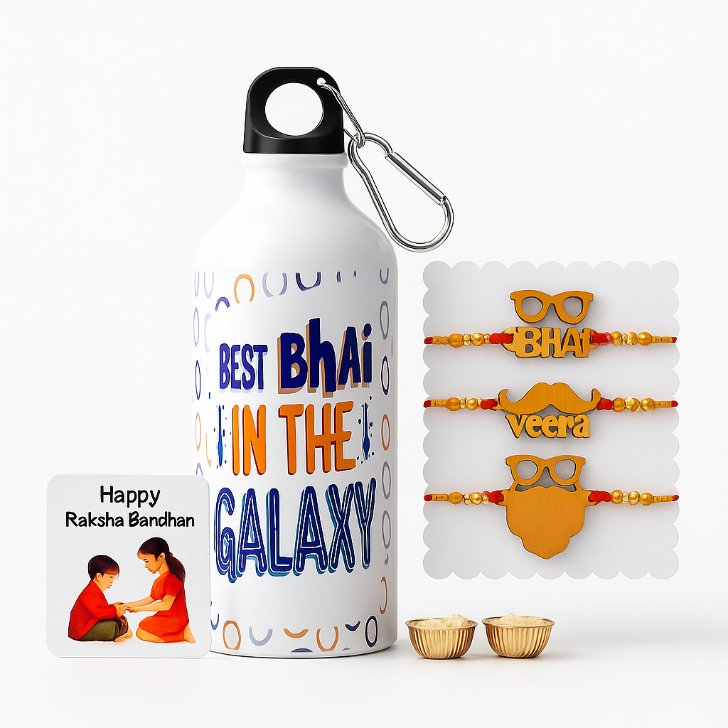 Best Bhai in the Galaxy Bottle with 3 Rakhis